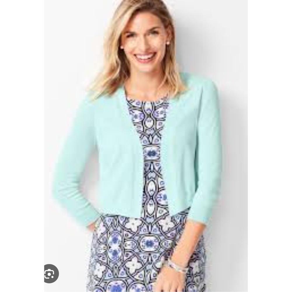 Talbots Womens XS Light Aqua Blue Open Front Cropped Shrug Cardigan 3/4 Sleeve